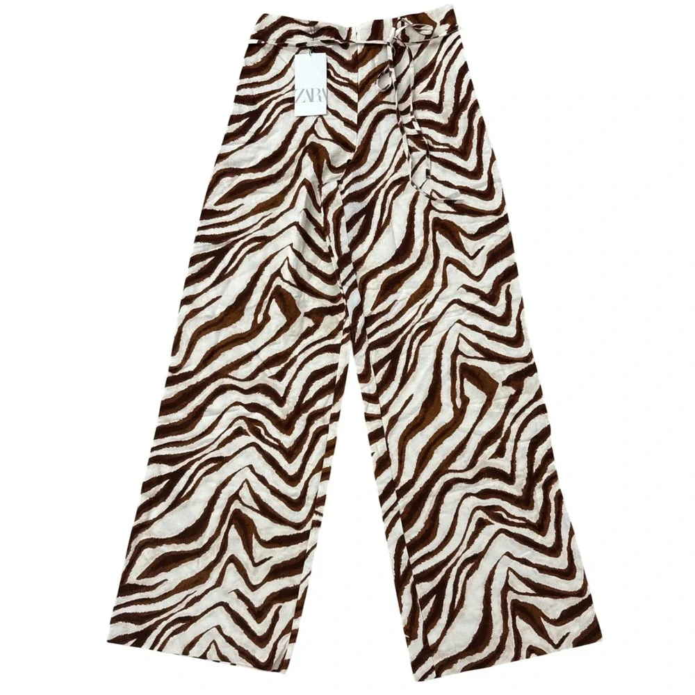 Zara Brown Zebra Print Wide Leg Pants NWT High Rise Linen XS 3067/501 Blogger